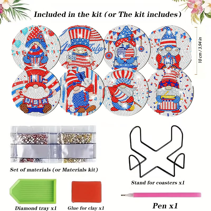 Resin Art Coasters - 8PCS Patriotic Gnome Diamond Painting Coasters
