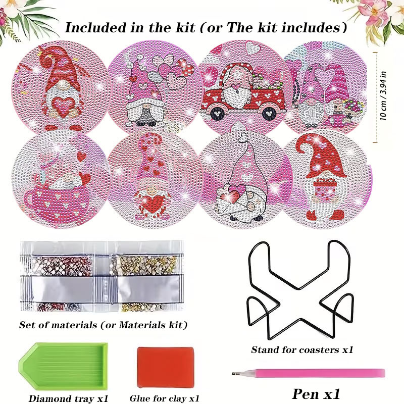 Resin Art Coasters - 8PCS Valentine's Day Gnome Diamond Painting