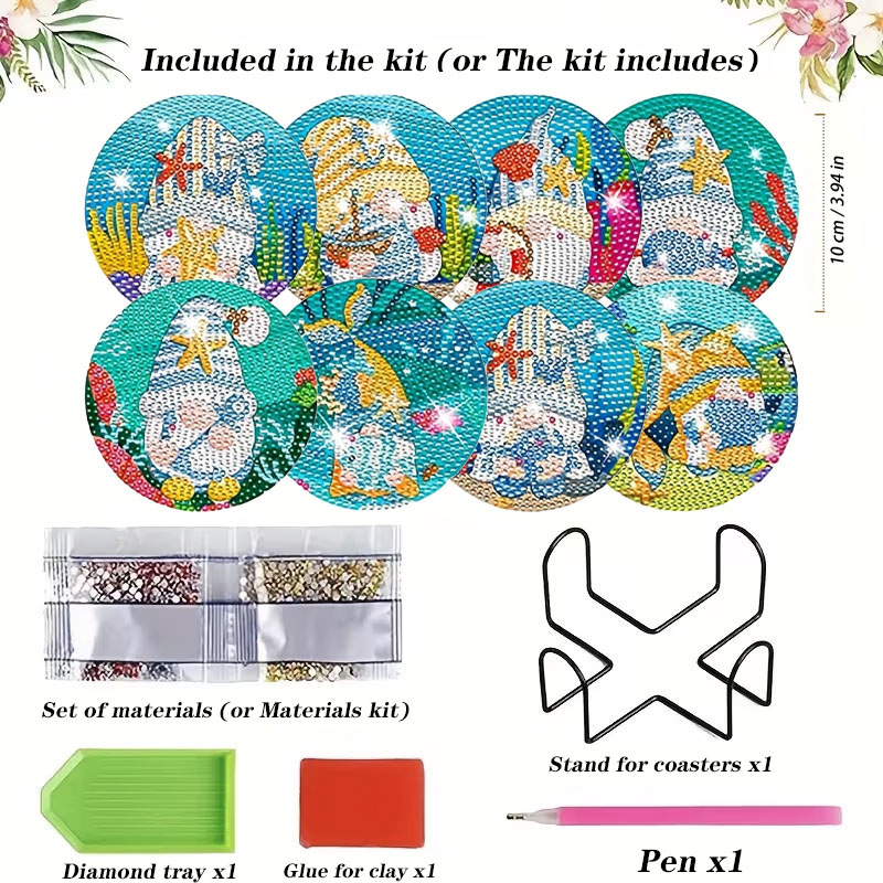 Resin Art Coasters - 8PCS Summer Ocean Gnome Diamond Painting