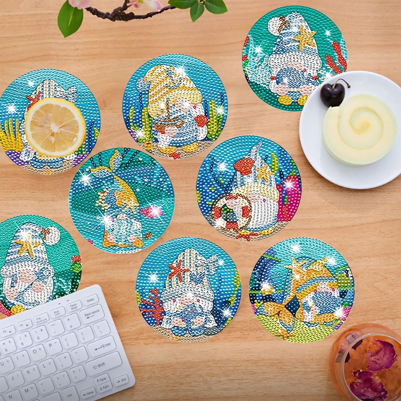 8PCS Summer Ocean Gnome Diamon - Resin Art Coasters ulasan dan harga