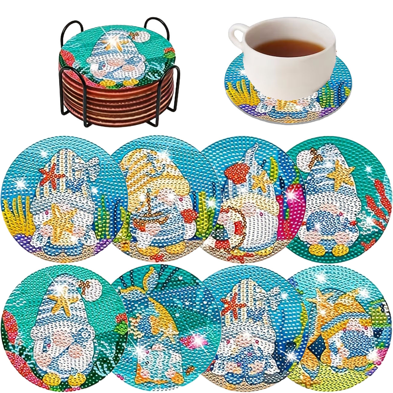 8PCS Summer Ocean Gnome Diamon - Resin Art Coasters ulasan dan harga