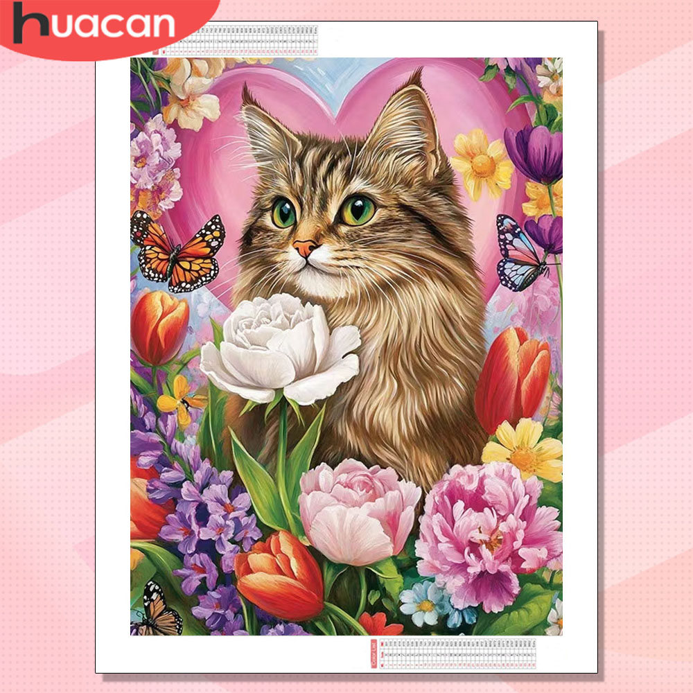 HUACAN Diamond Embroidery Cat  - Resin Art With Rose ulasan dan harga