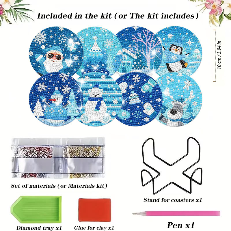 8PCS Winter Christmas Diamond  - Resin Art Coasters ulasan dan harga