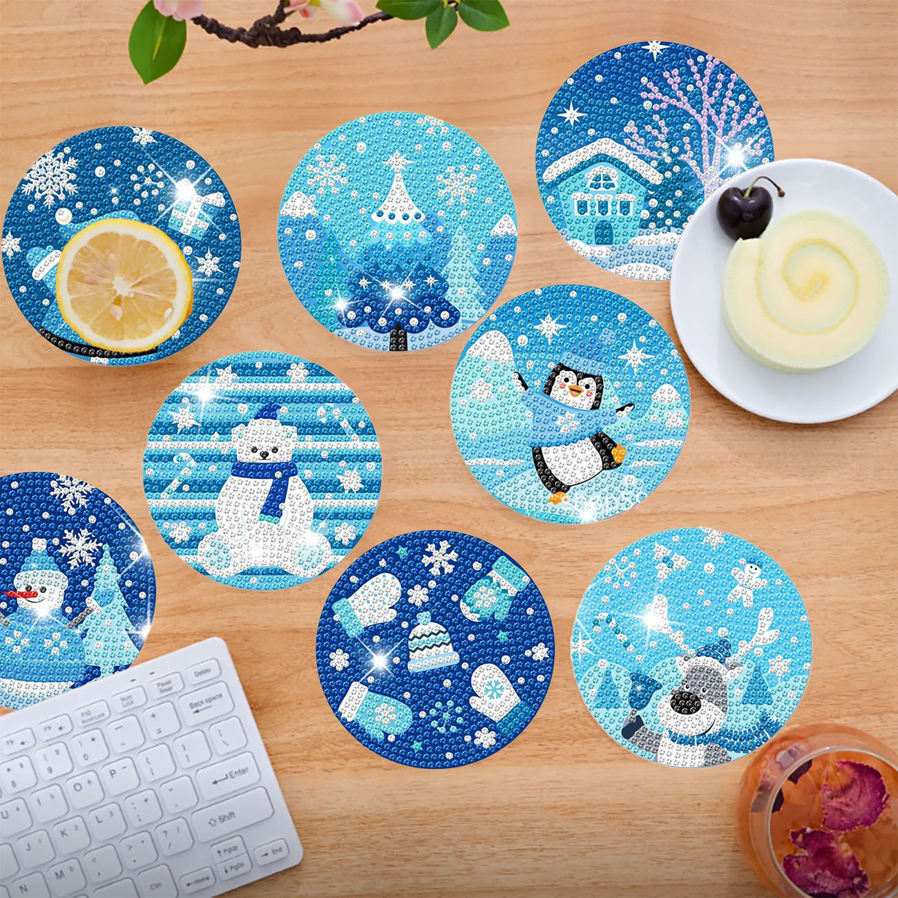 8PCS Winter Christmas Diamond  - Resin Art Coasters ulasan dan harga